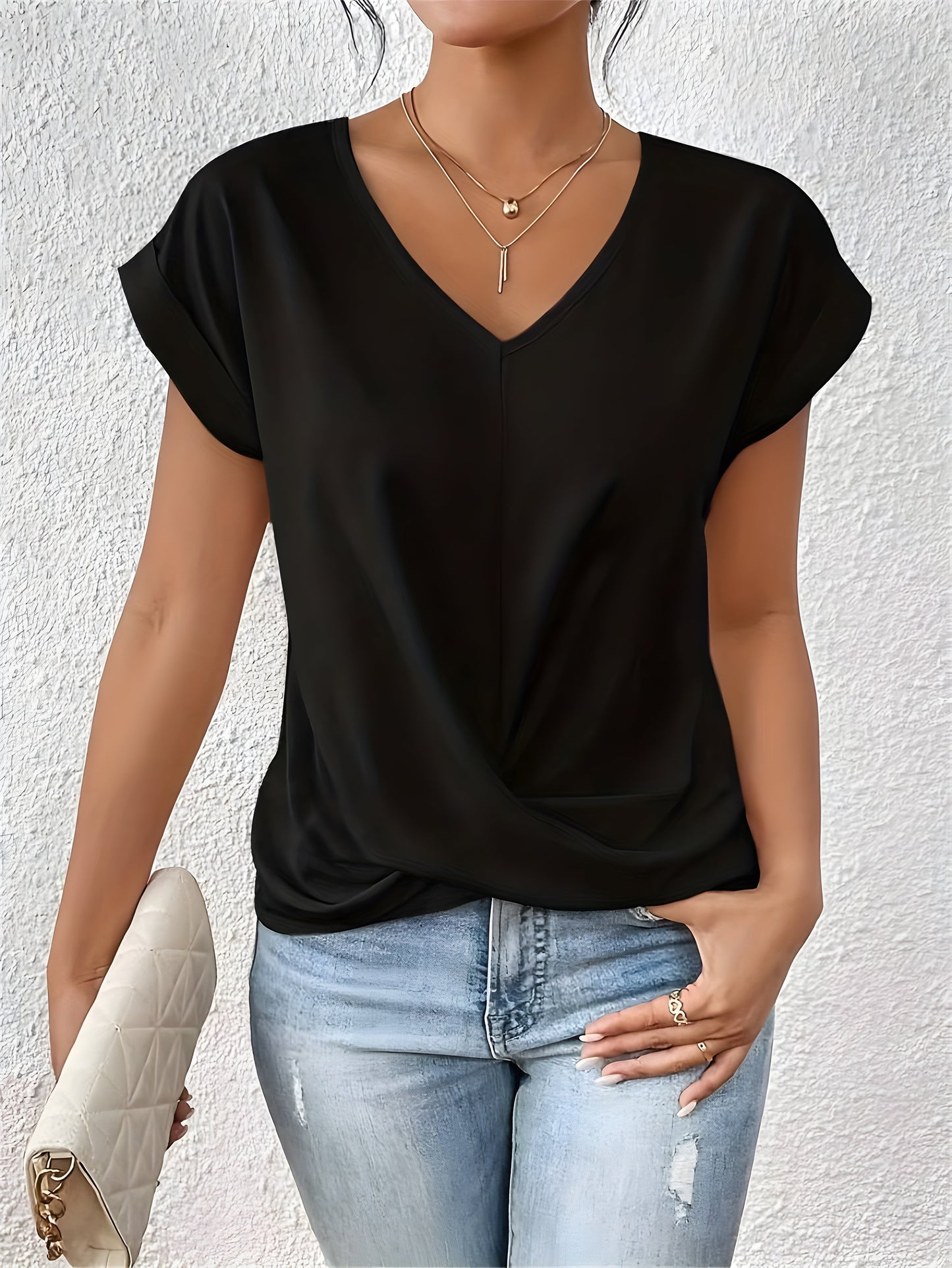Lia | Damen Bluse Kurzarm V-Ausschnitt Twist-Front