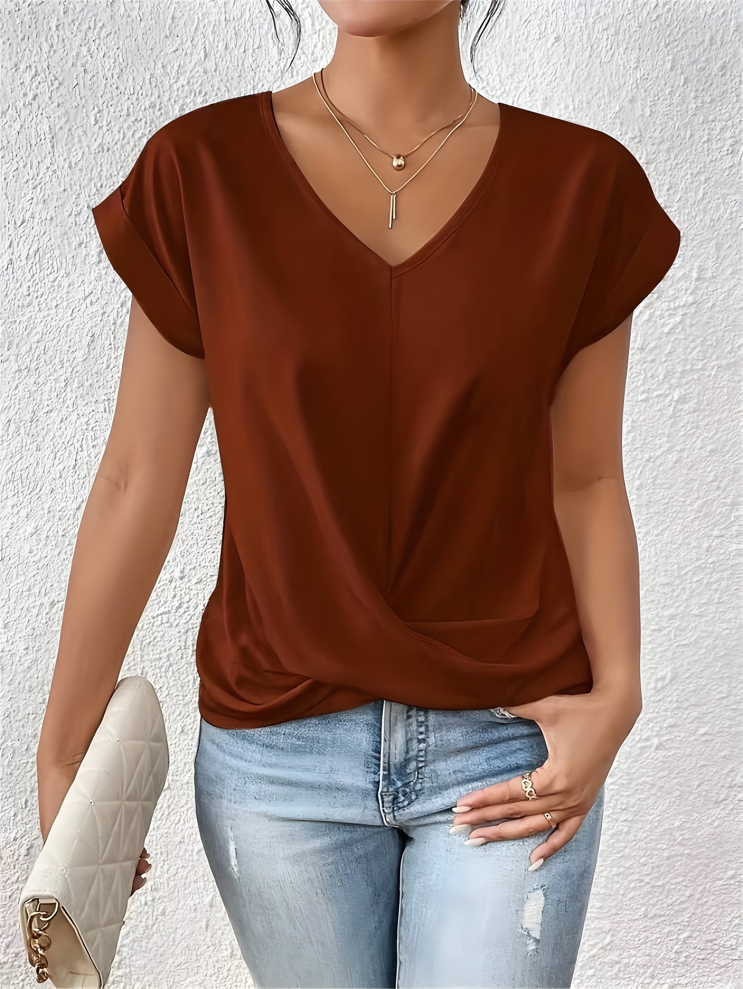 Lia | Damen Bluse Kurzarm V-Ausschnitt Twist-Front