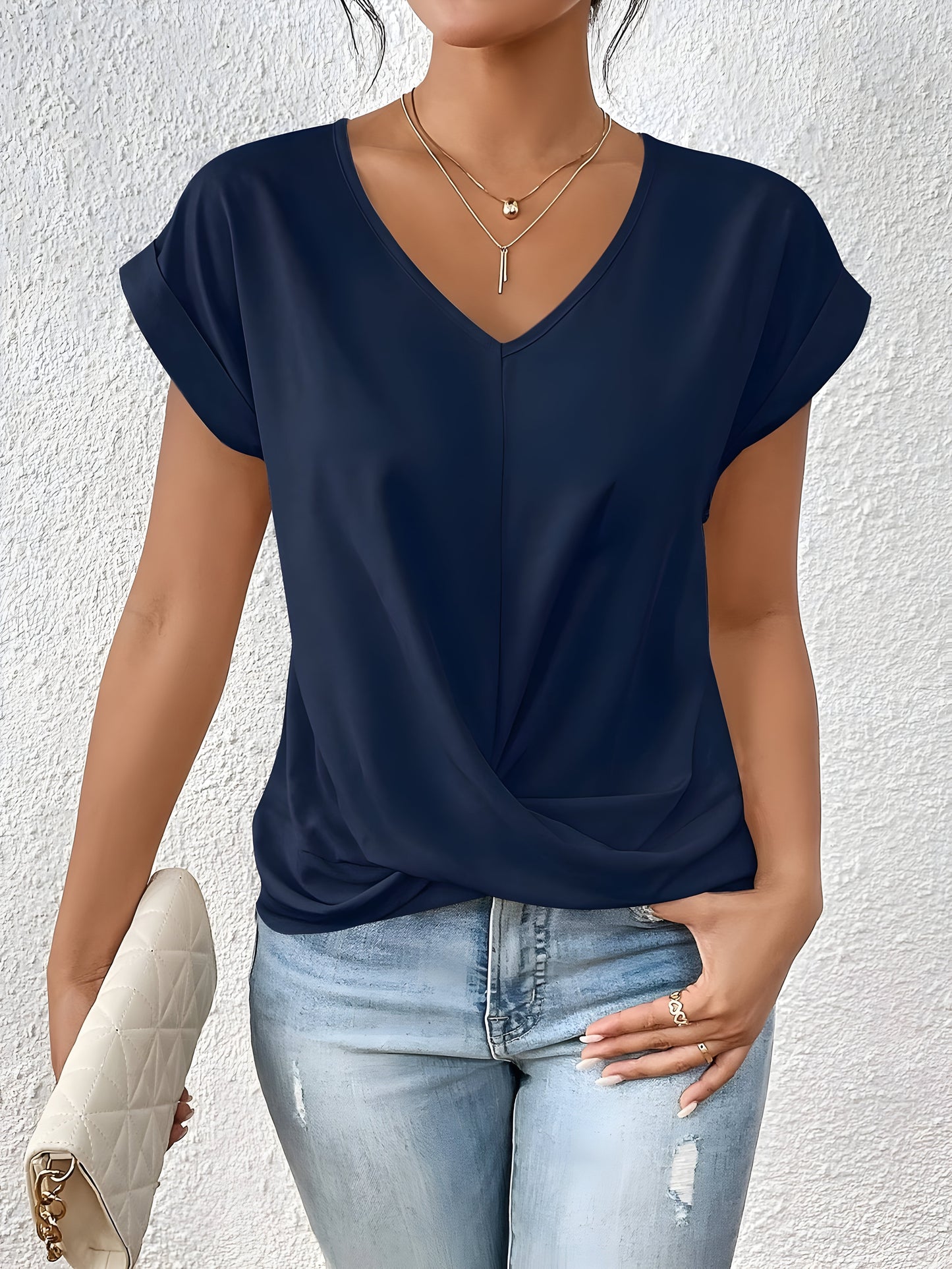 Lia | Damen Bluse Kurzarm V-Ausschnitt Twist-Front