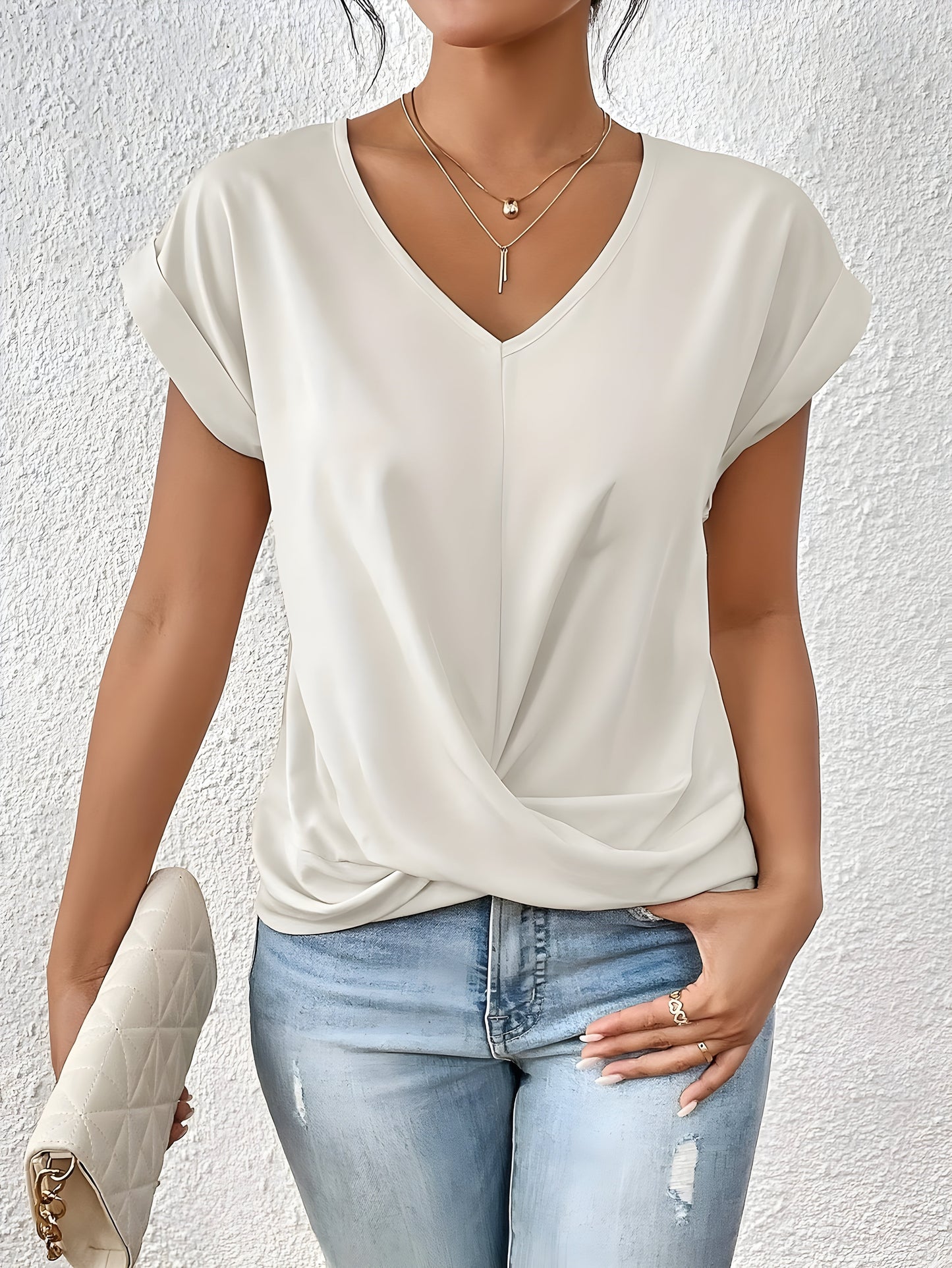 Lia | Damen Bluse Kurzarm V-Ausschnitt Twist-Front