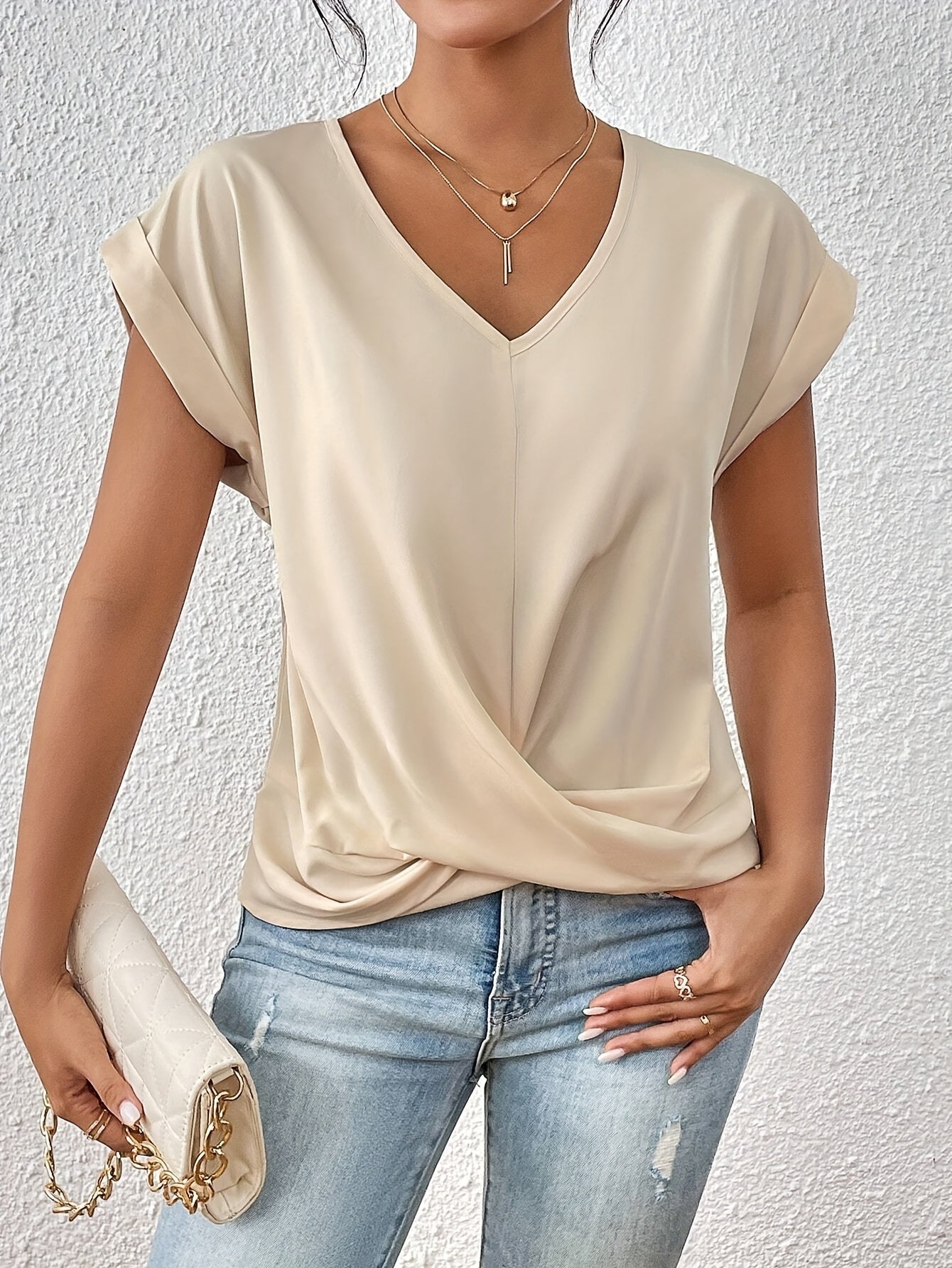 Lia | Damen Bluse Kurzarm V-Ausschnitt Twist-Front