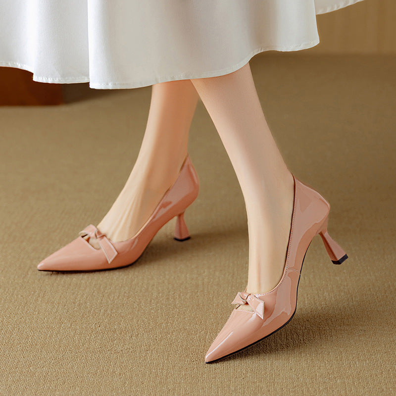 KROHN-E Damen Kitten-Heel Pumps Spitze Zehe Schleife Rosa Lack