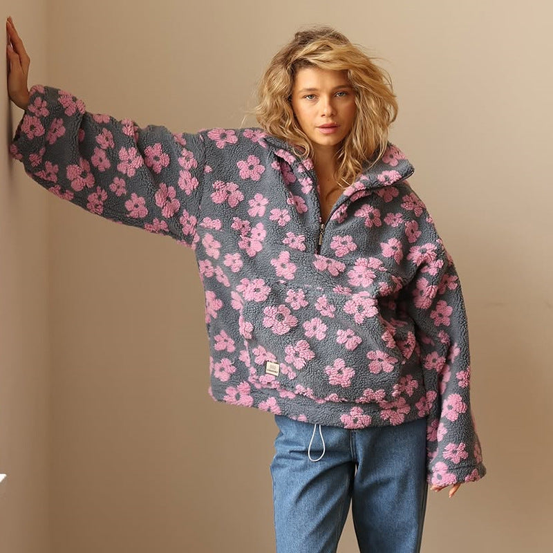 KROHN-E Damen Strickpullover Blumenmuster Oversize Langarm