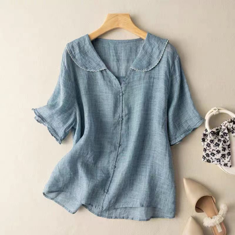 KROHN-E Damen Vintage-Bluse Klassisch Wellenförmiger Kragen