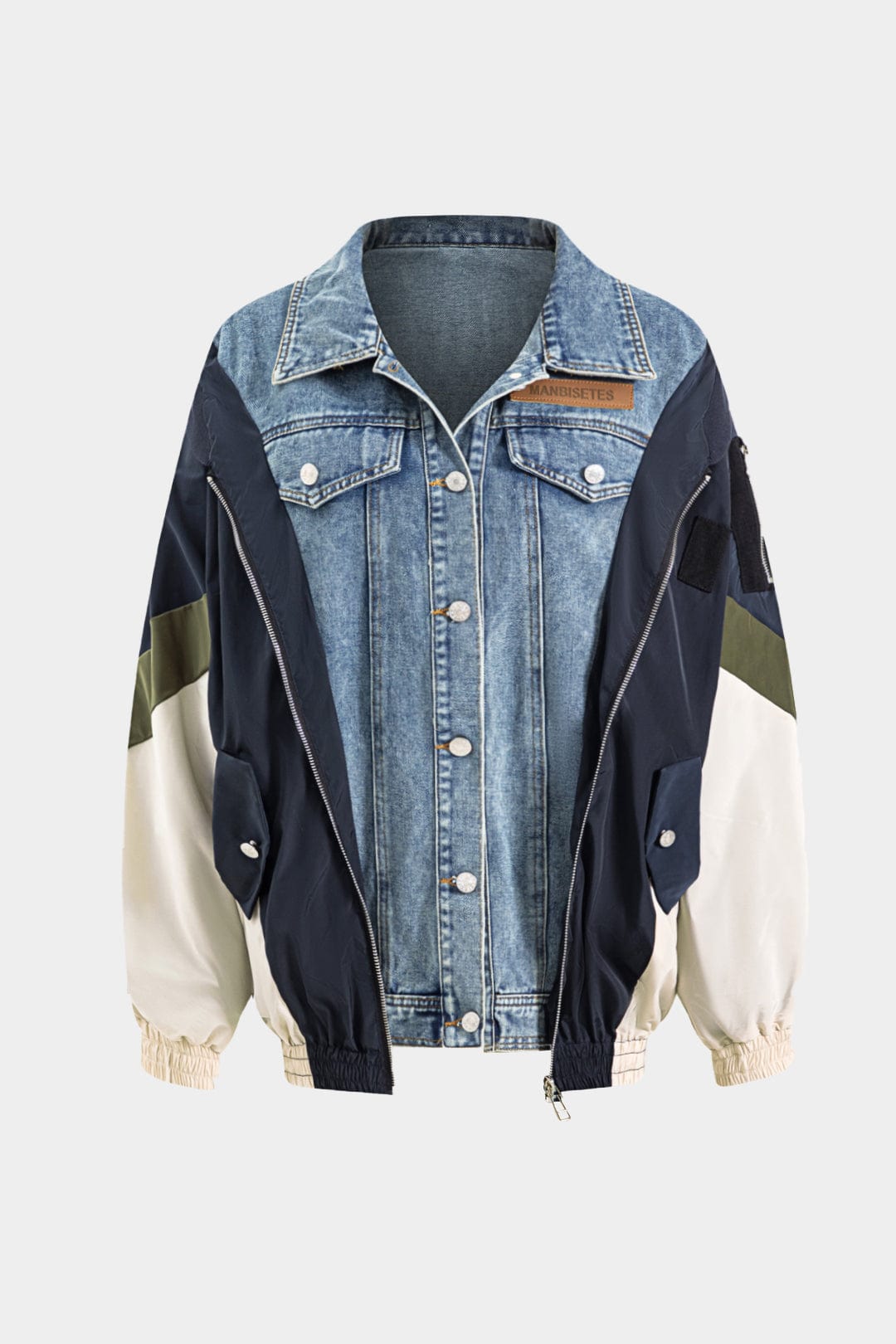 Krohn-e | Patchwork Jacke mit Denim und Nylon Elementen Lässig und Individuell