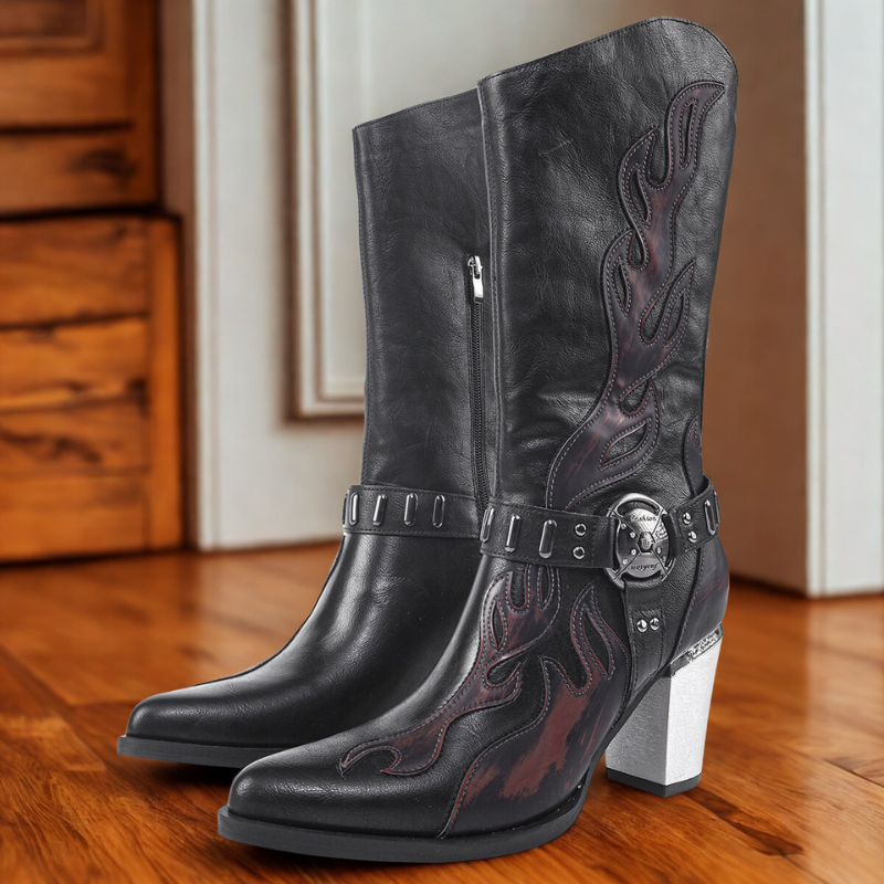 Krohn-e | Stiefel - Leder - Mittelwaden - Spitzzehe - Metallischer Blockabsatz