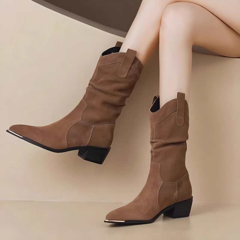 Krohn-e | Stiefel - Wildleder - Knöchellang - Spitz Zulaufend - Metall-Zehenschutz - Blockabsatz
