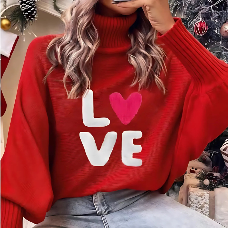 Krohn-e | Damen Rollkragenpullover mit Langen Ärmeln und Love Print