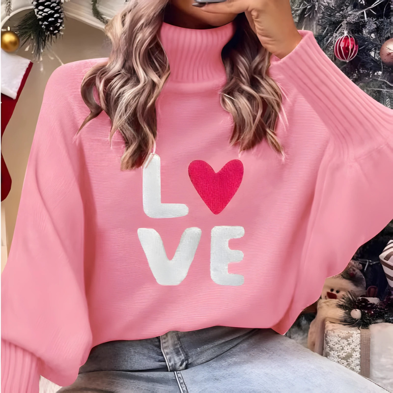 Krohn-e | Damen Rollkragenpullover mit Langen Ärmeln und Love Print