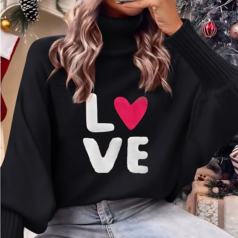 Krohn-e | Damen Rollkragenpullover mit Langen Ärmeln und Love Print