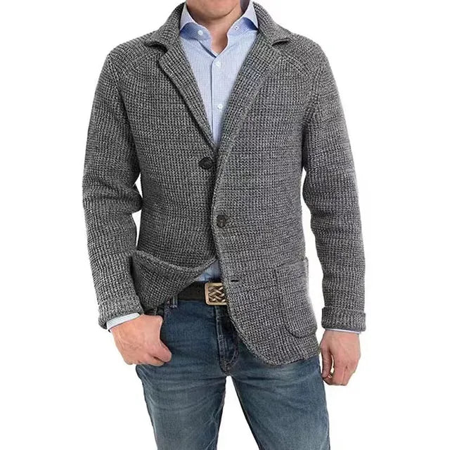 Herren-Waffelstrickjacke mit geripptem Kragen
