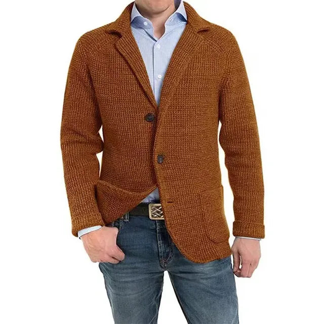 Herren-Waffelstrickjacke mit geripptem Kragen