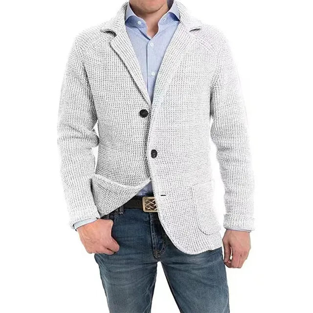 Herren-Waffelstrickjacke mit geripptem Kragen