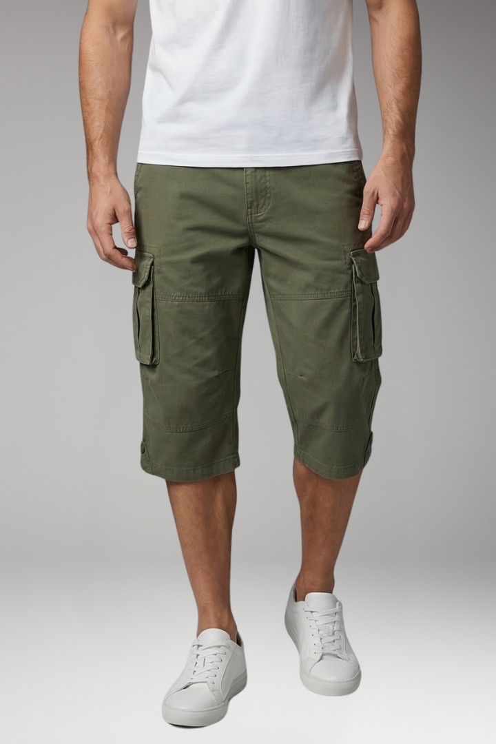KROHN-E Herren Cargo-Hose 3/4-Länge Kordelzug mehrere Taschen Baumwolle