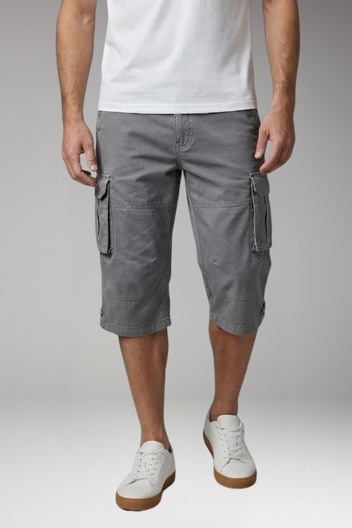 KROHN-E Herren Cargo-Hose 3/4-Länge Kordelzug mehrere Taschen Baumwolle