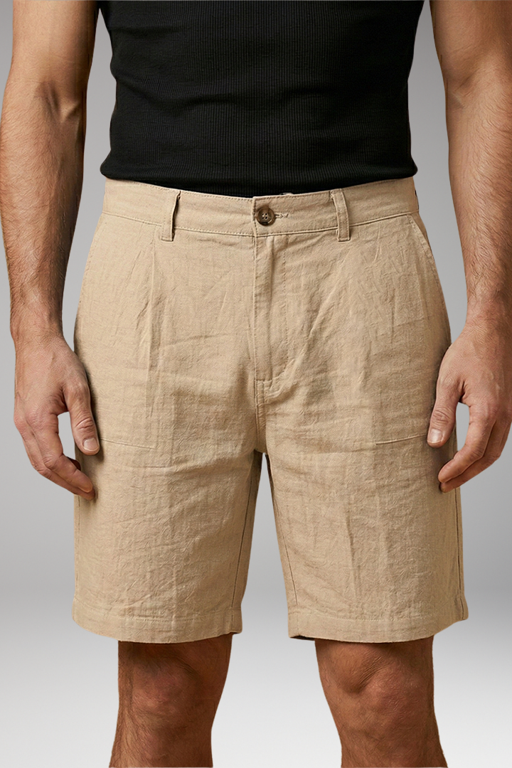 KROHN-E Herren Leinen-Shorts Knopf Reißverschluss Seitentaschen Sommer