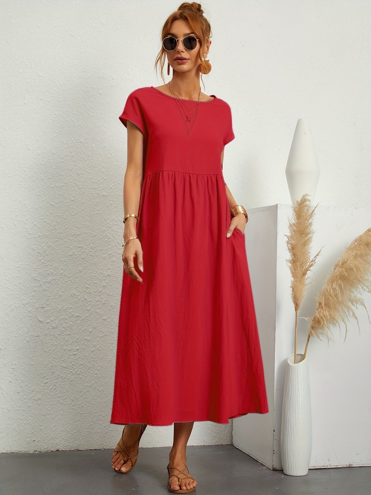 KROHN-E Damen Sommerkleid A-Linie Kurzarm Leicht Beige