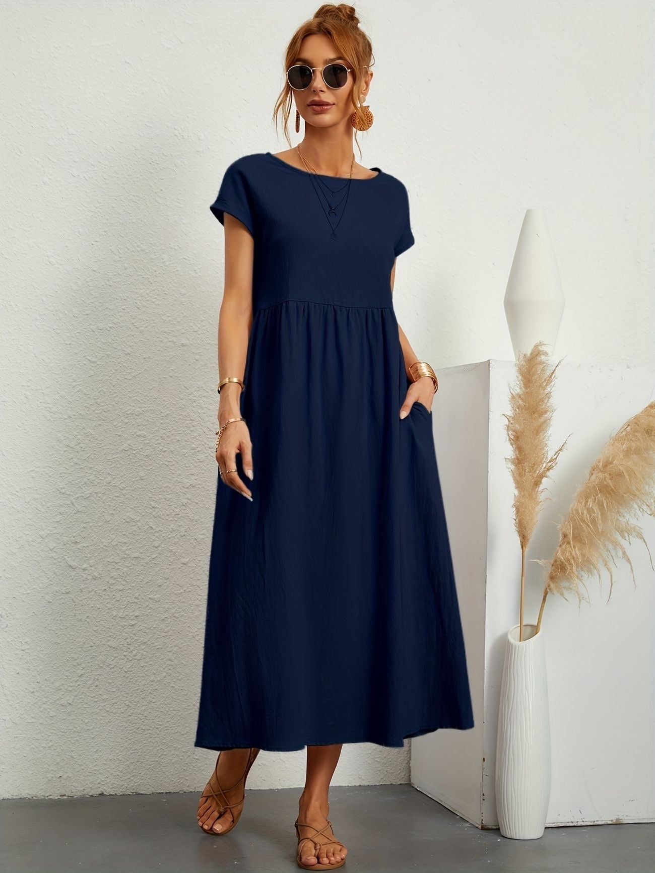 KROHN-E Damen Sommerkleid A-Linie Kurzarm Leicht Beige