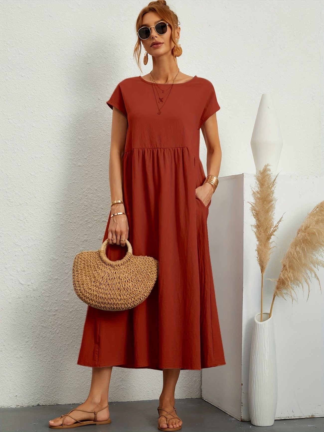 KROHN-E Damen Sommerkleid A-Linie Kurzarm Leicht Beige