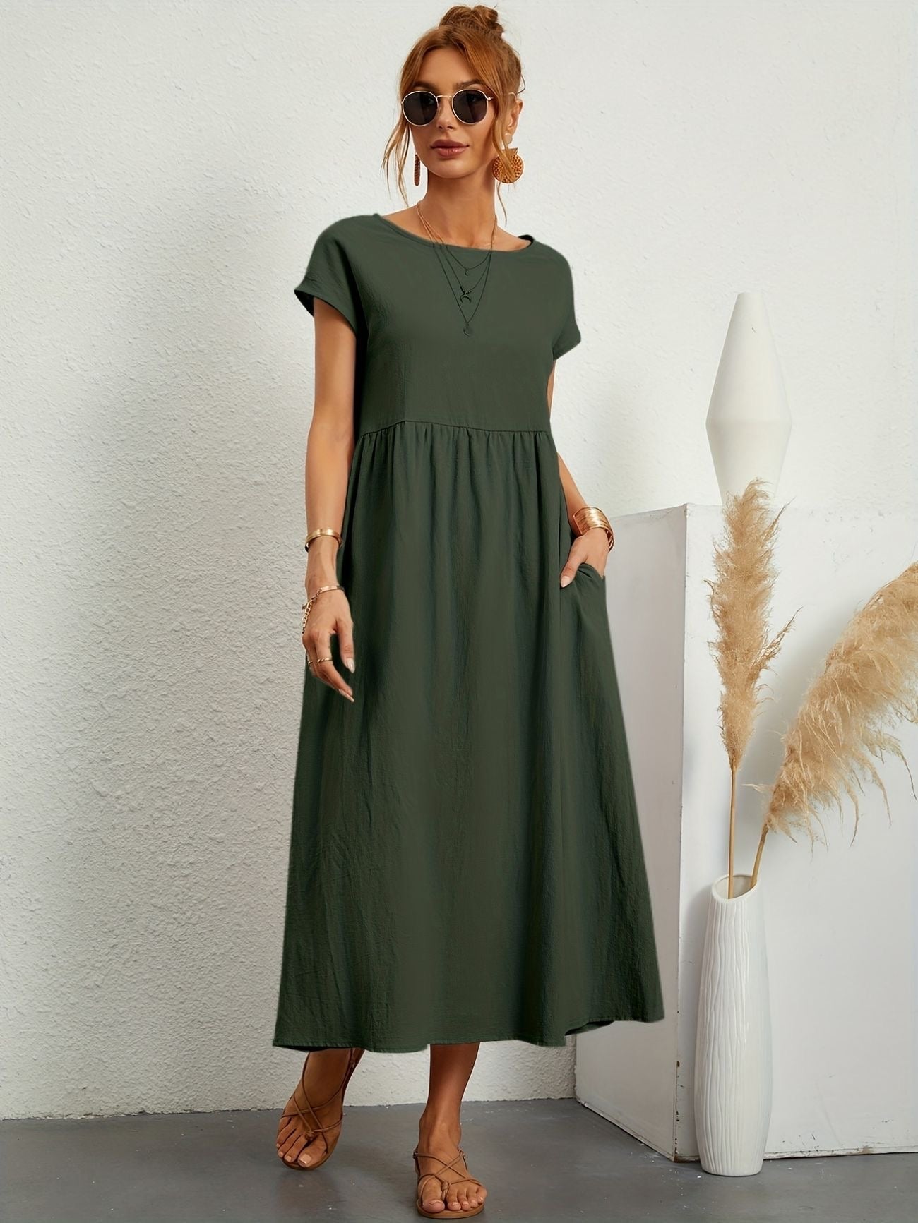 KROHN-E Damen Sommerkleid A-Linie Kurzarm Beige