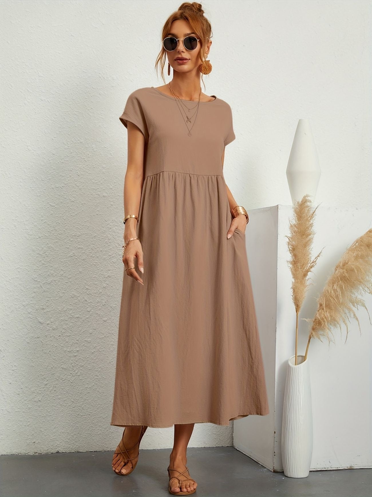 KROHN-E Damen Sommerkleid A-Linie Kurzarm Leicht Beige