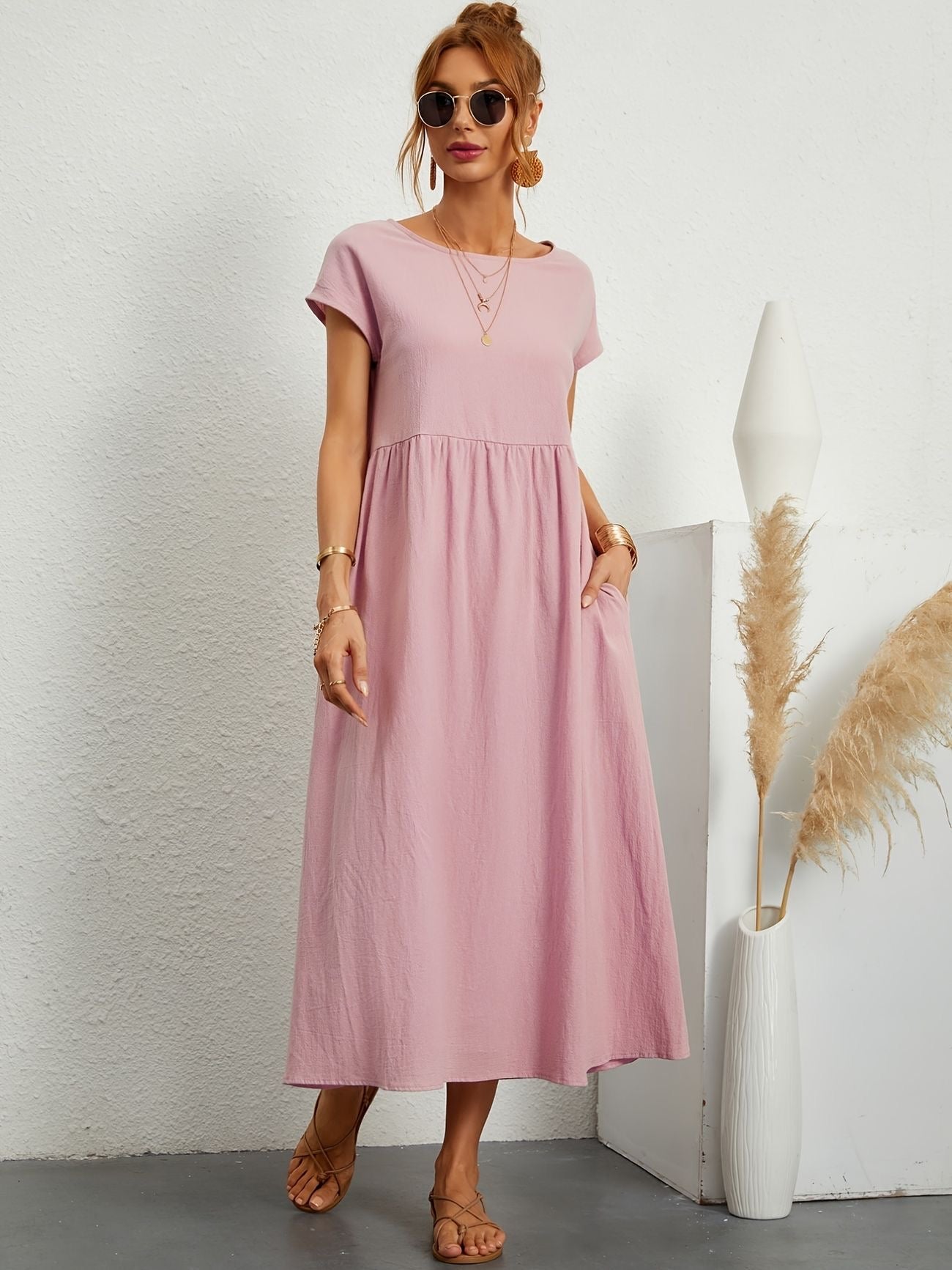 KROHN-E Damen Sommerkleid A-Linie Kurzarm Leicht Beige