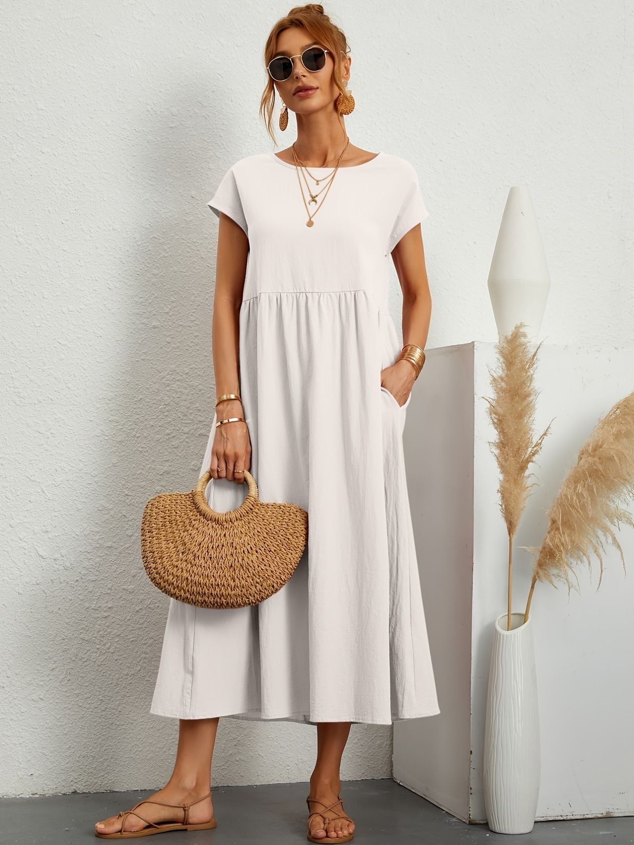 KROHN-E Damen Sommerkleid A-Linie Kurzarm Leicht Beige
