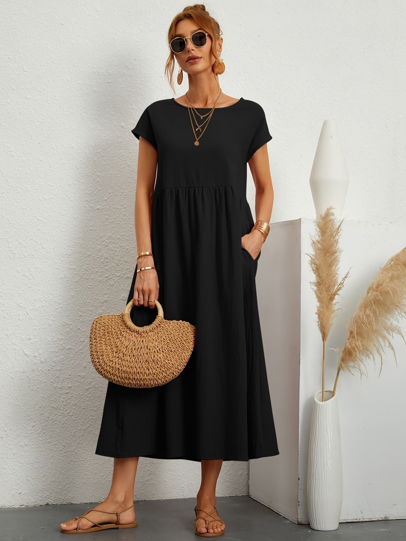 KROHN-E Damen Sommerkleid A-Linie Kurzarm Leicht Beige