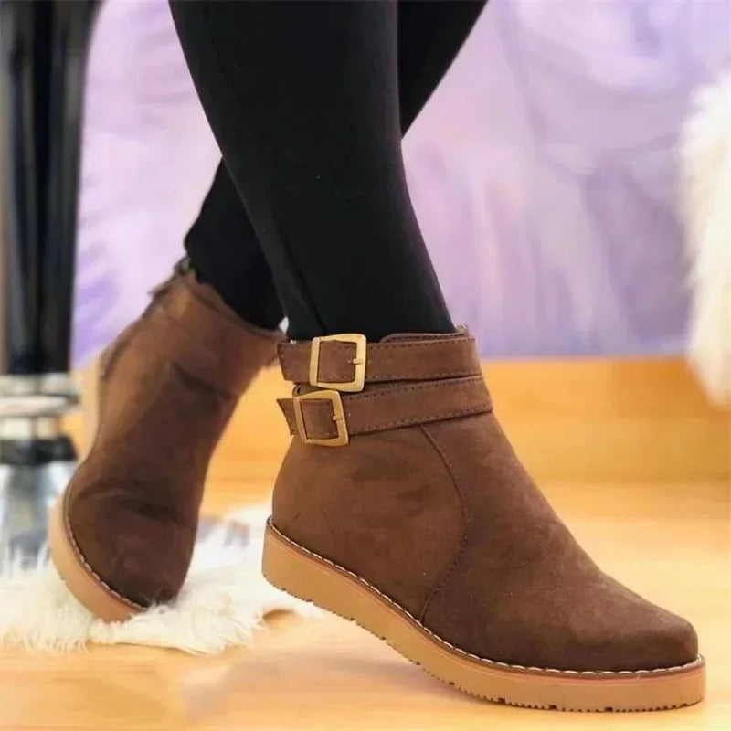 KROHN-E Damen Ankle-Boots Doppel-Schnalle Stiefeletten Schwarz