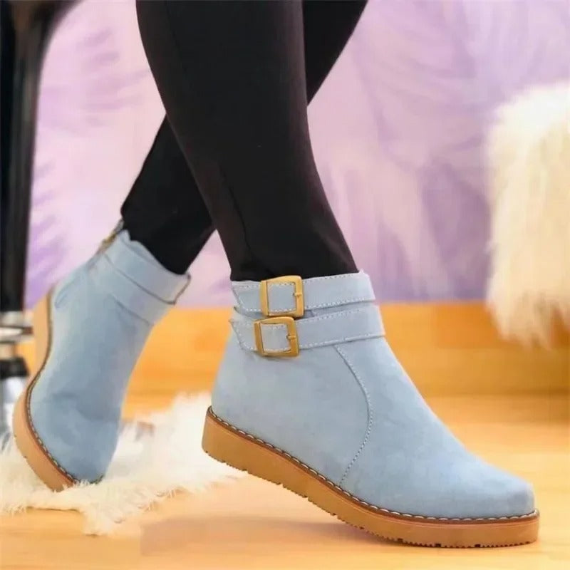 KROHN-E Damen Ankle-Boots Doppel-Schnalle Stiefeletten Schwarz
