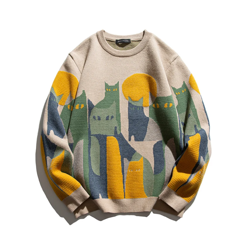 KROHN-E Damen Pullover Katzen-Motiv Strick Mondschein Grau