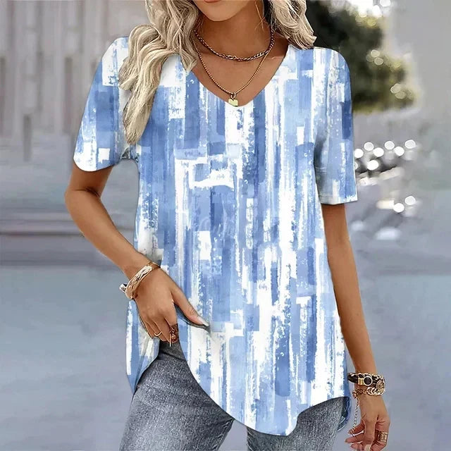 KROHN-E Damen Gestreiftes V-Ausschnitt T-Shirt Kurze Ärmel Weicher Stoff