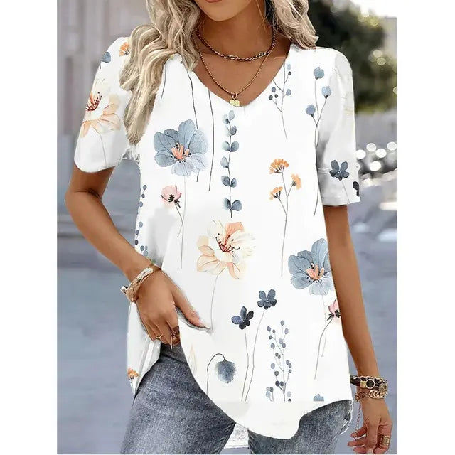 KROHN-E Damen Gestreiftes V-Ausschnitt T-Shirt Kurze Ärmel Weicher Stoff