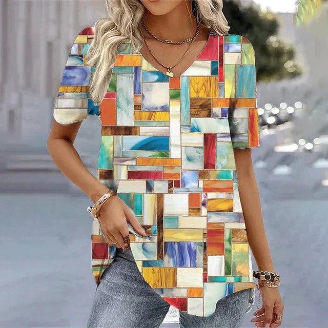 KROHN-E Damen Gestreiftes V-Ausschnitt T-Shirt Kurze Ärmel Weicher Stoff