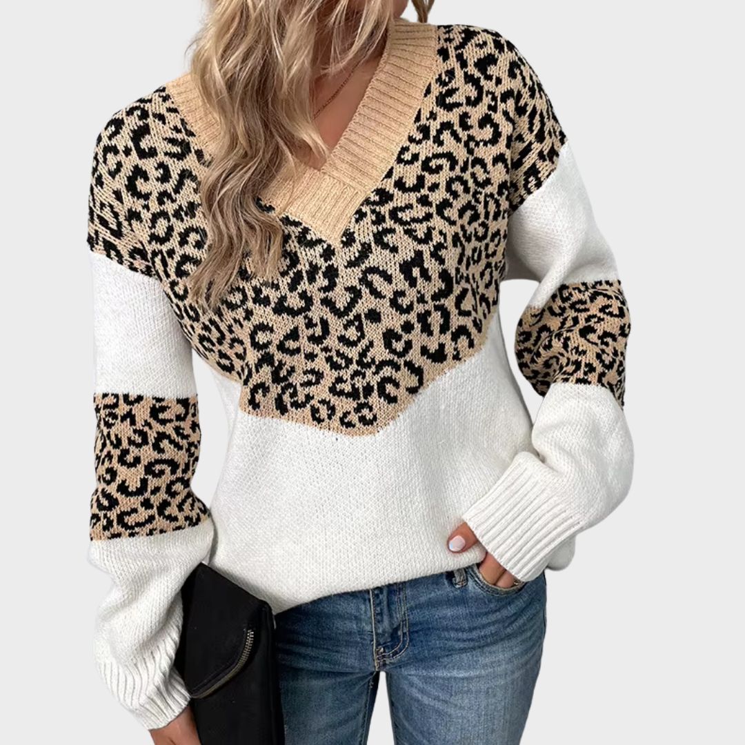 KROHN-E Damen V-Ausschnitt Pullover Leopardenmuster Weichstrick