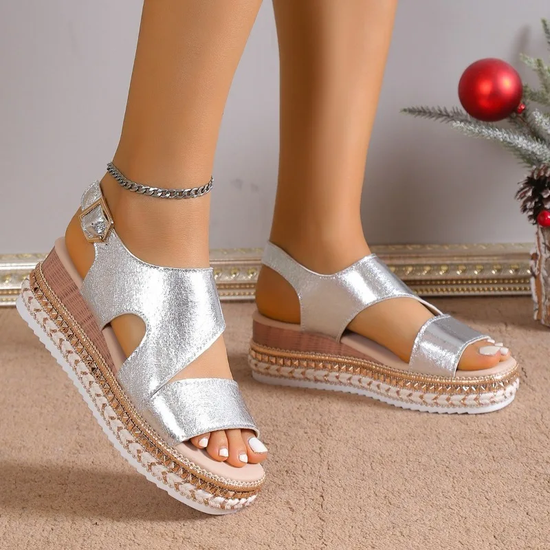 KROHN-E Damen Plateau-Sandalen Metallic Verstellbare Knöchelriemen