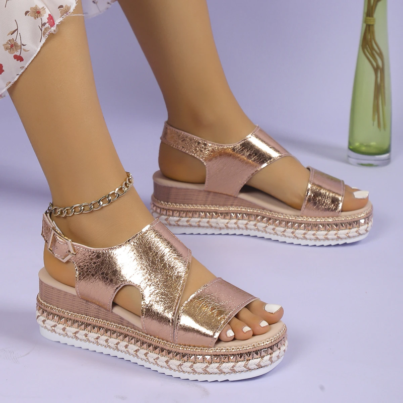 KROHN-E Damen Plateau-Sandalen Metallic Verstellbare Riemchen Knöchelriemen