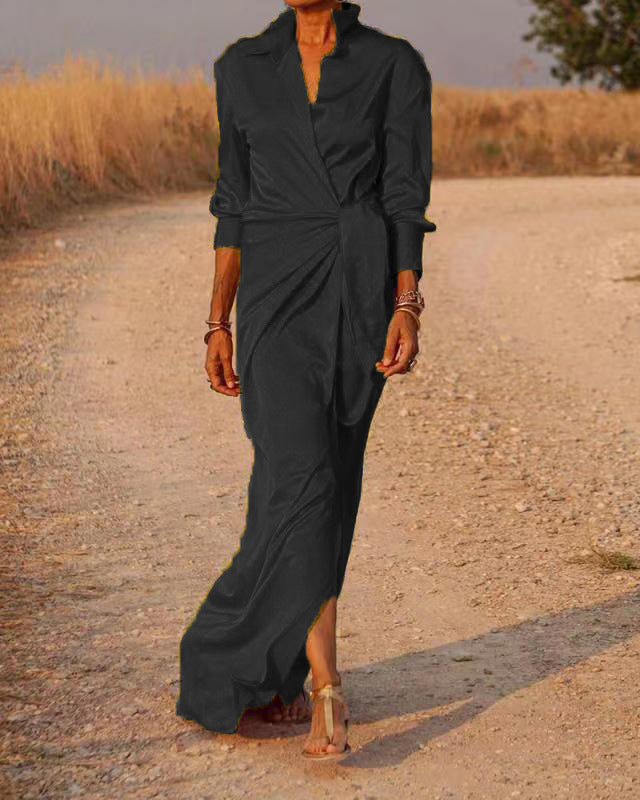 Damen Elegantes Wickel-Maxi-Kleid mit vielseitigem Kragen und seitlichem Schlitz Krohn-e
