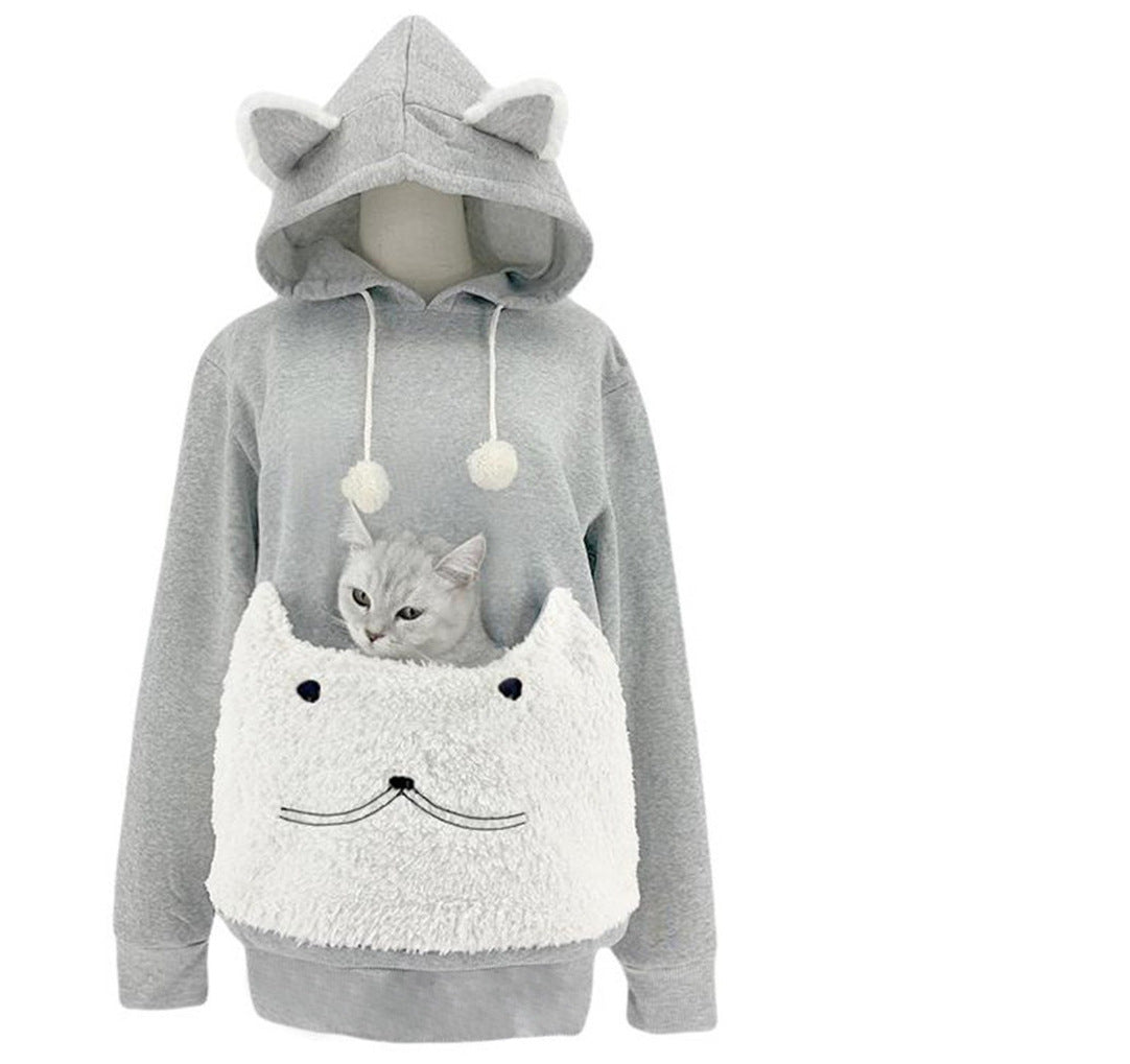 Damen Kuscheliger Kapuzenpullover mit Katzenmotiv und praktischer Känguru-Tasche Krohn-e