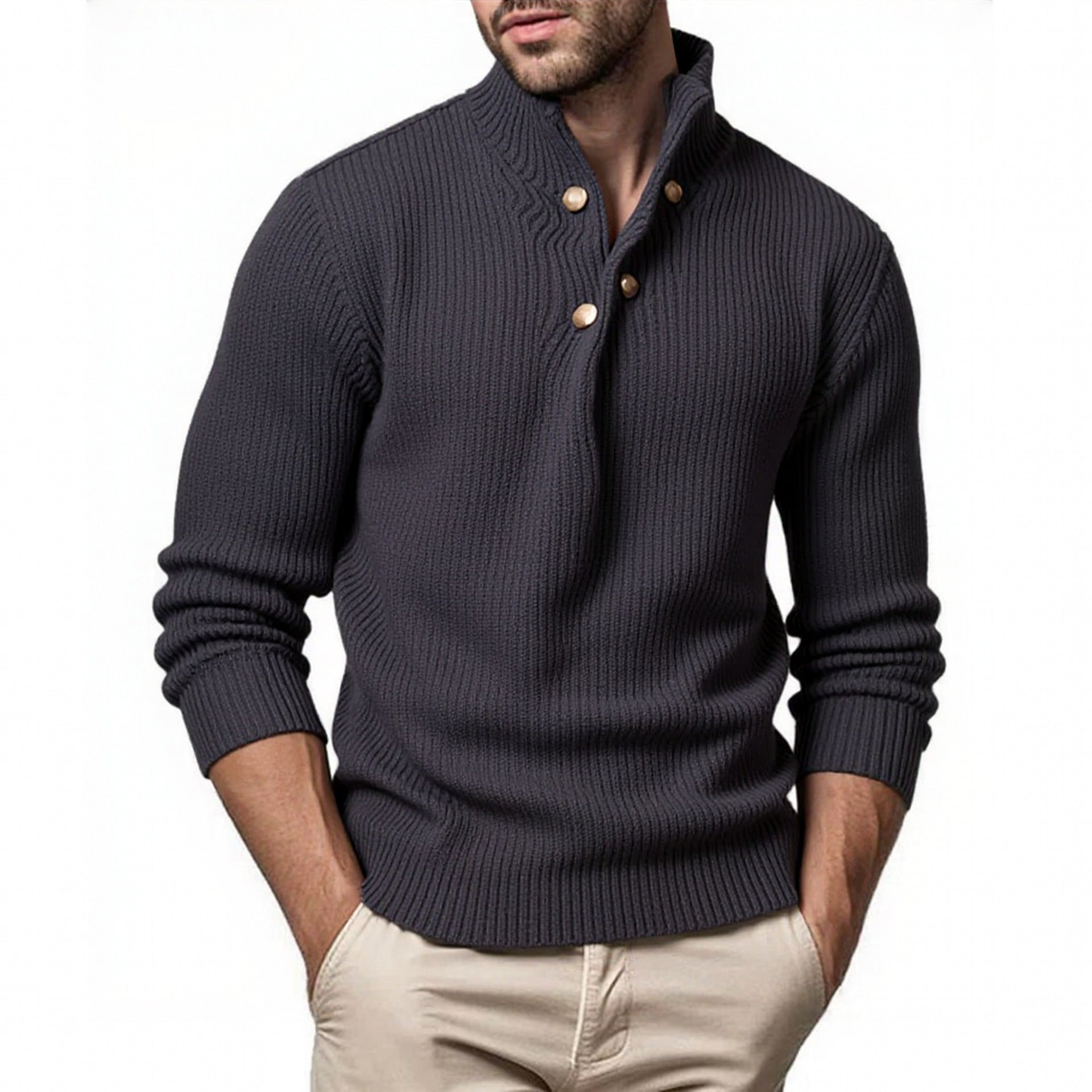 Herren modischer Strickpullover mit Stehkragen und asymmetrischer Knopfleiste Krohn-e
