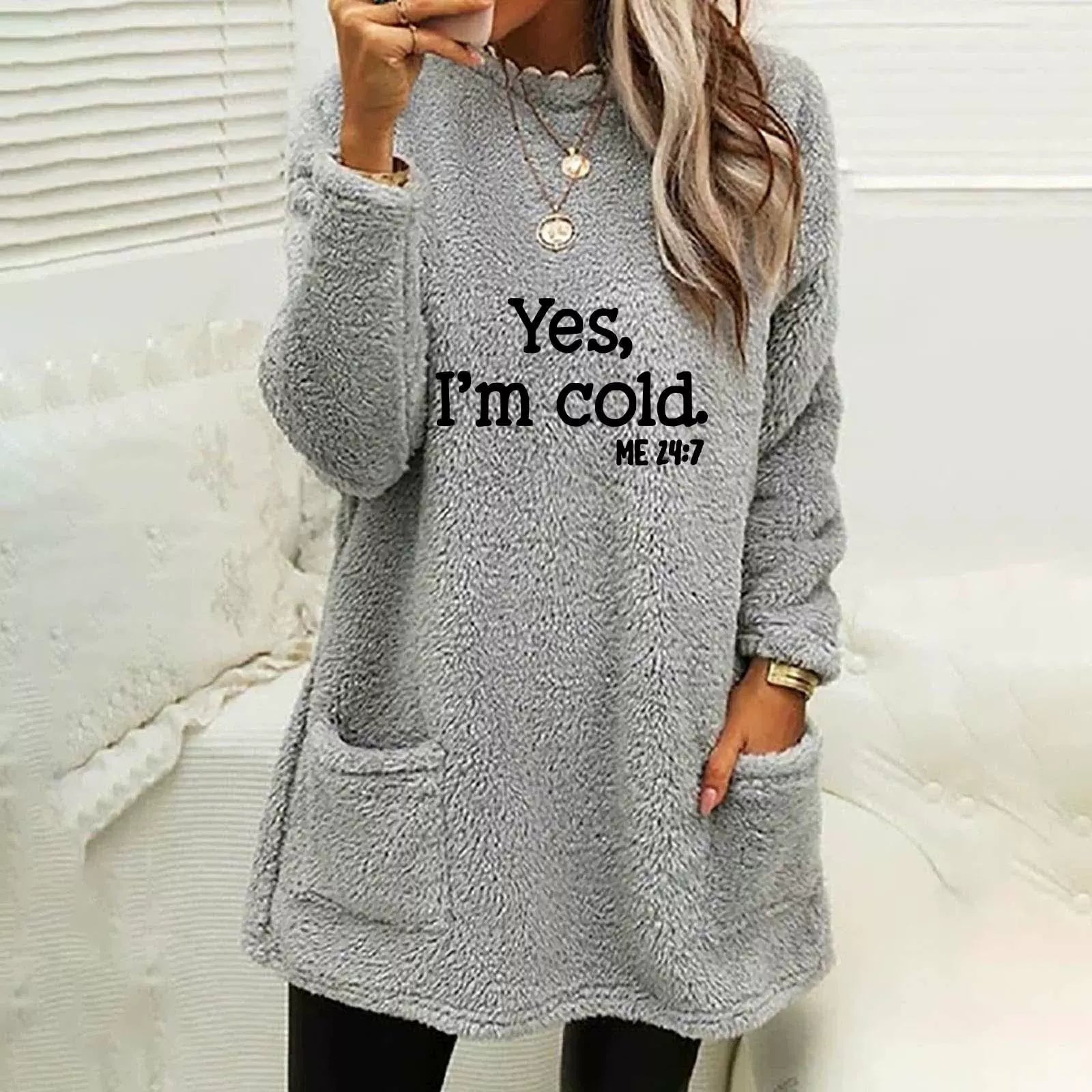 Krohn-e | Übergröße Sweatshirt Doppelseitiges Fleece Buchstabenprint Seitentaschen Langarm