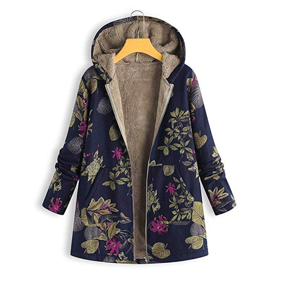 Krohn-e | Kapuzenmantel - Plüschfutter - Floralprint - Lockere Passform - Reißverschluss Vorne
