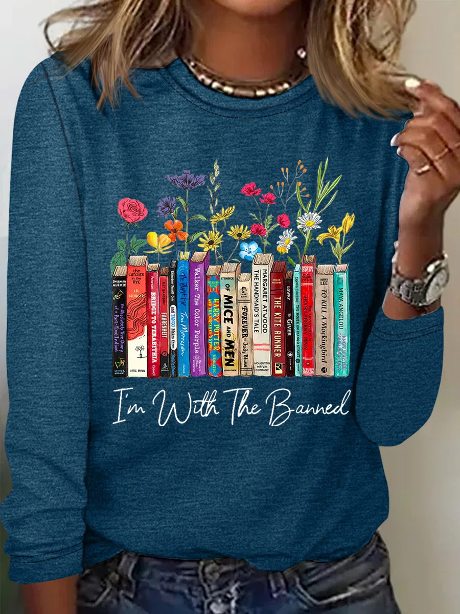 Damen Langarmshirt mit Bücher- und Blumenmotiv Krohn-e