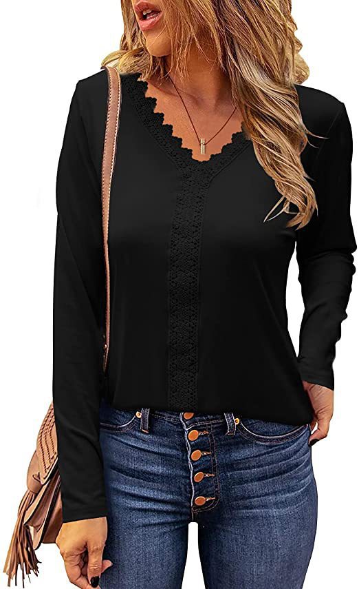 Damen elegantes V-Ausschnitt Longsleeve-Shirt mit Spitzenbesatz Krohn-e
