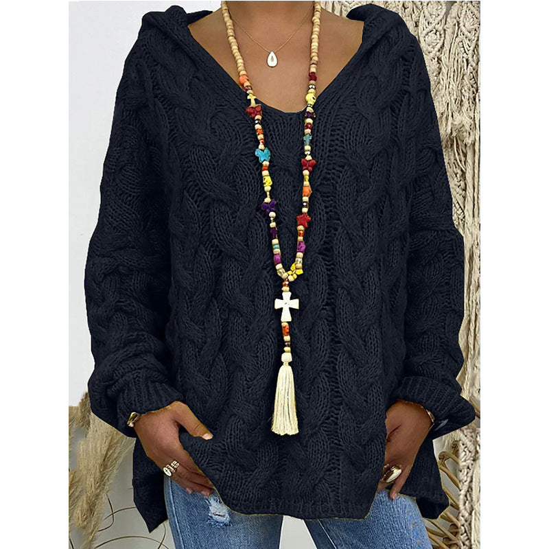 Damen Hoody aus Grobstrick mit V-Ausschnitt und dekorativem Kordelzug Krohn-e