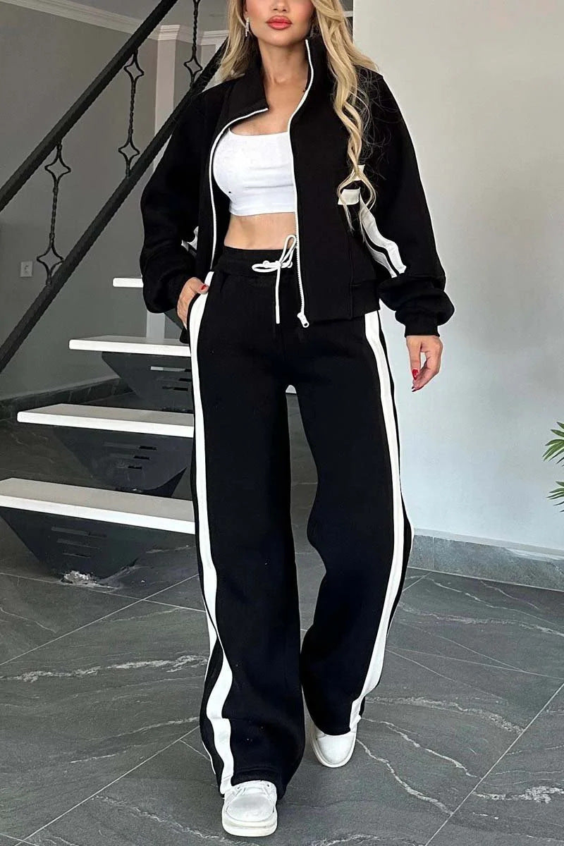 Krohn-e | Gestreifte Zip up Cropped Sweatshirtjacke und Sporthose Zwei Teile Satz