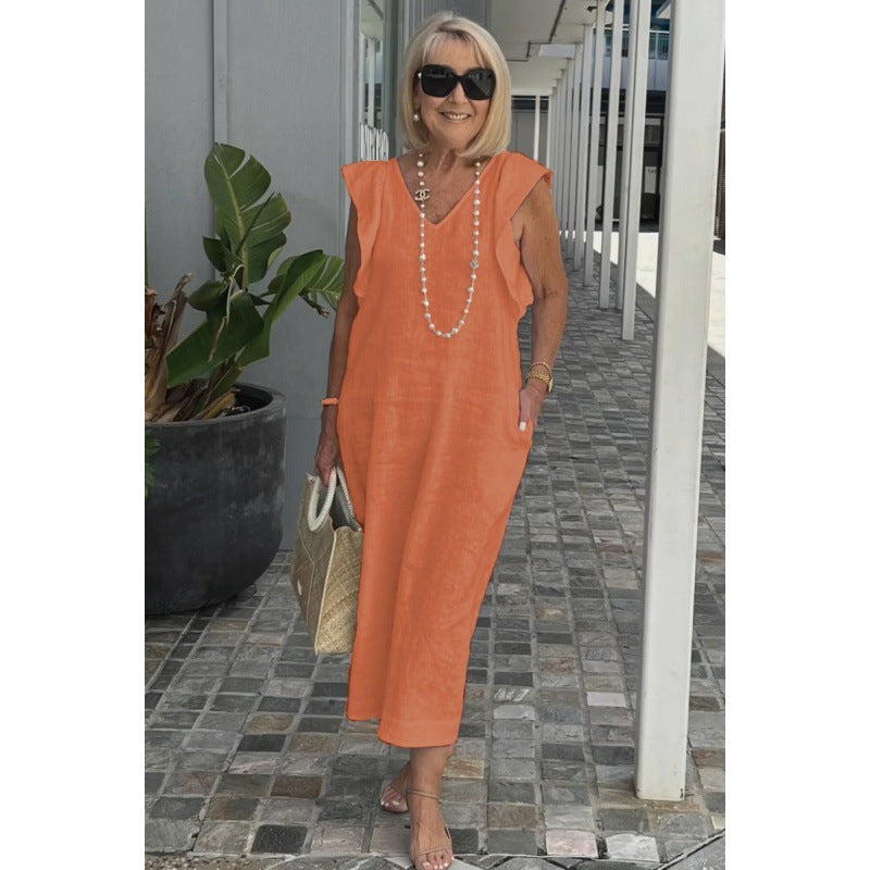 Elegant Fudus Cotton-Linen Dress with Flutter Sleeves and Back Tie