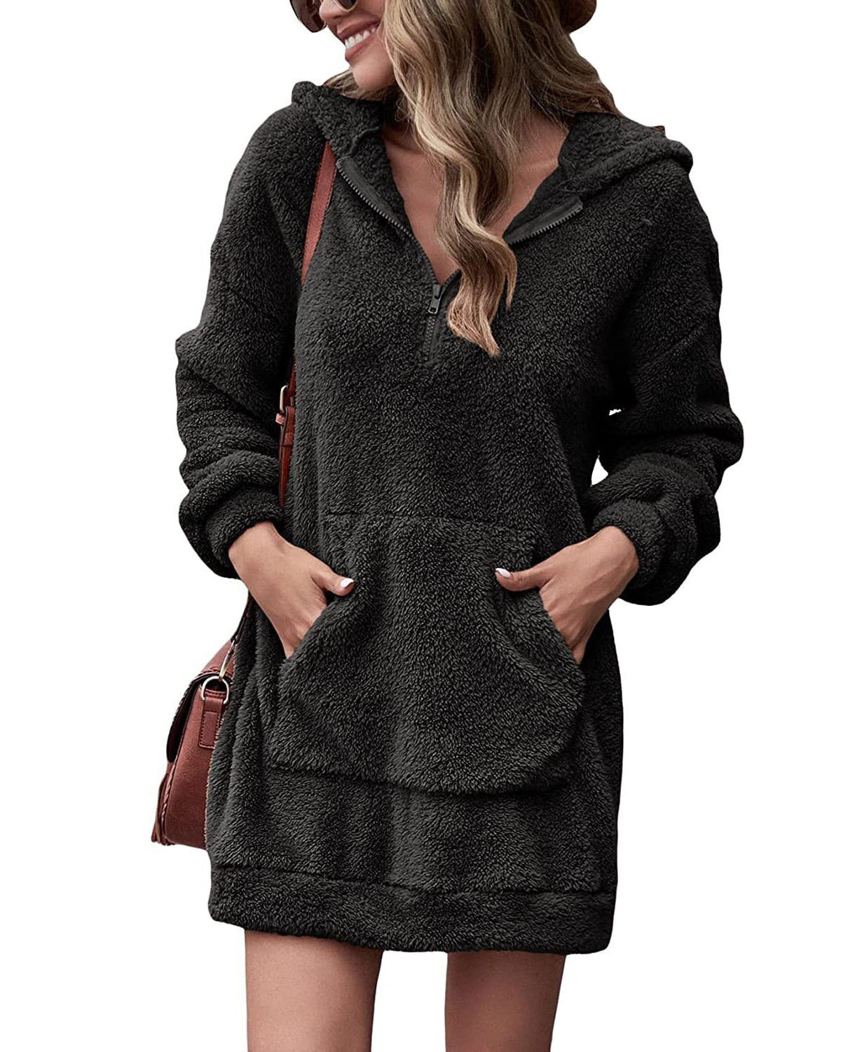 Damen Kuscheliger Hoodie-Kleid mit praktischen Taschen und halben Reißverschluss Krohn-e
