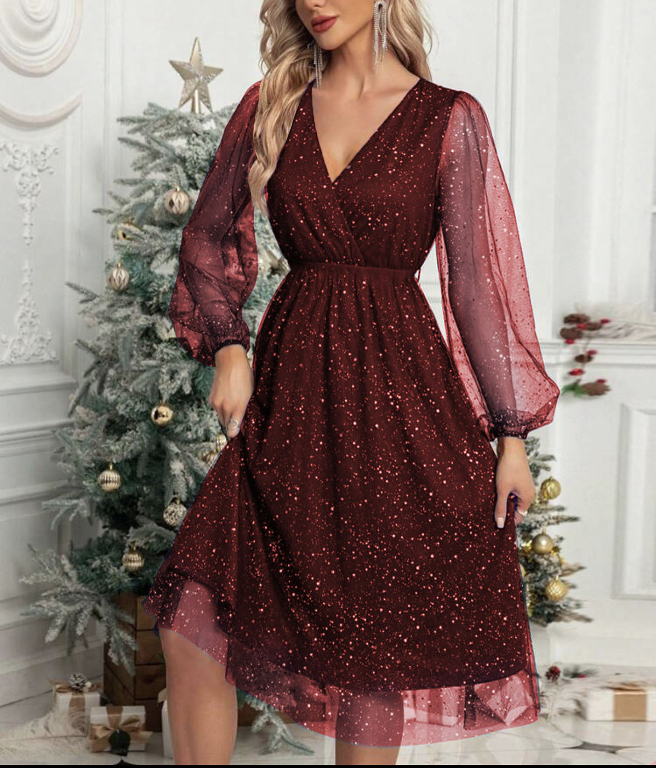 Damen Glamouröses Midikleid mit transparenten Puffärmeln und schimmerndem Paillettenmuster Krohn-e