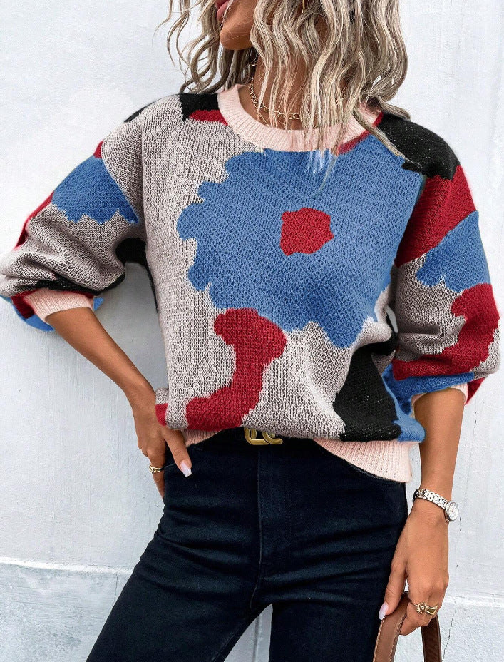 Krohn-e | Pullover Pullover Strickstoff Lockere Passform Rundhals Ballonärmel Gemustert